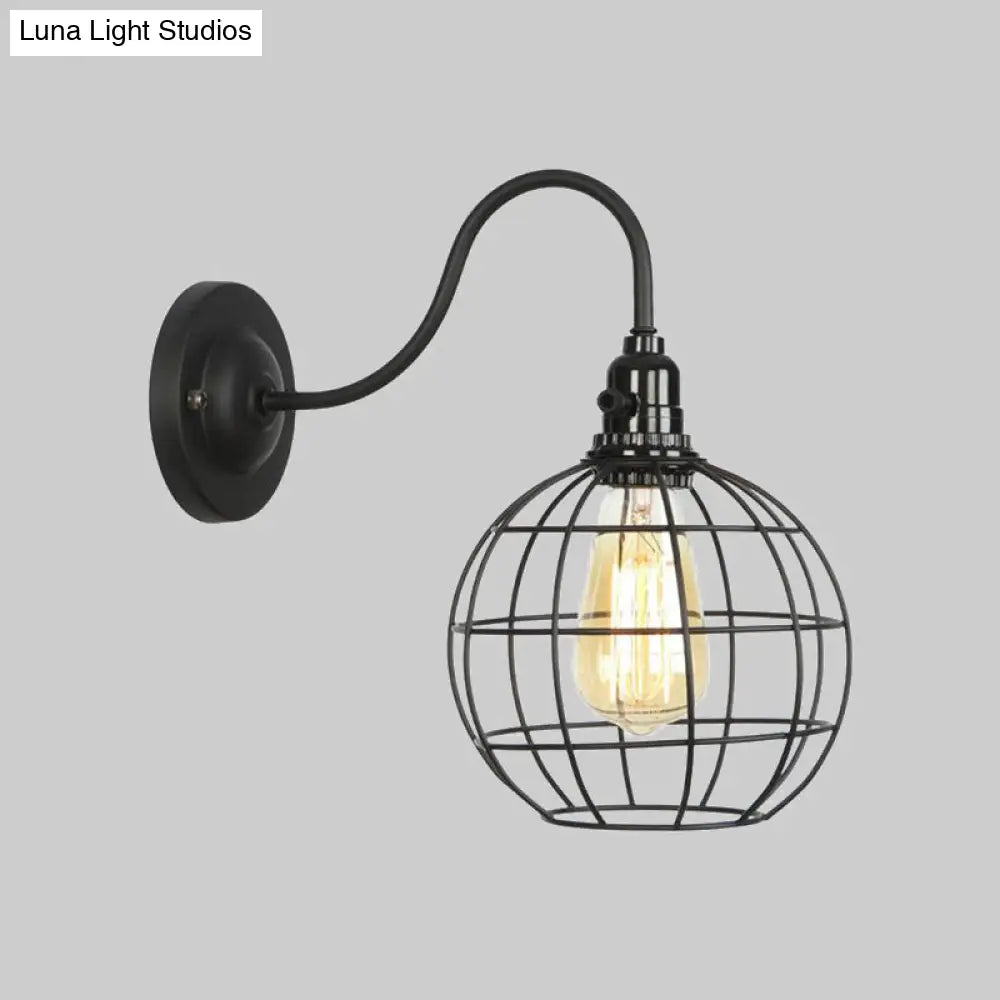 Industrial Cage Wall Sconce - 1 Bulb Metallic Lighting With Gooseneck Arm In Black