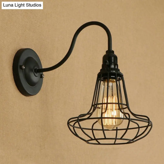 Industrial Cage Wall Sconce - 1 Bulb Metallic Lighting With Gooseneck Arm In Black