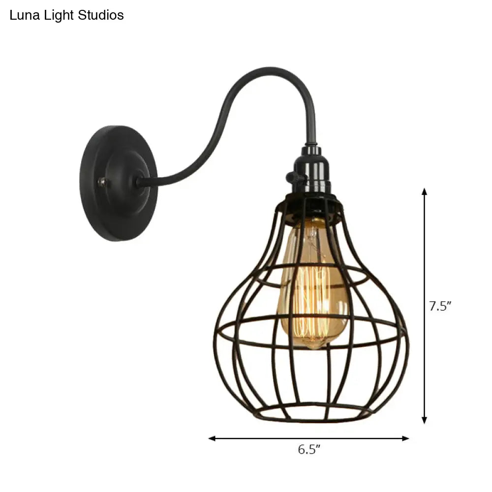 Industrial Cage Wall Sconce - 1 Bulb Metallic Lighting With Gooseneck Arm In Black