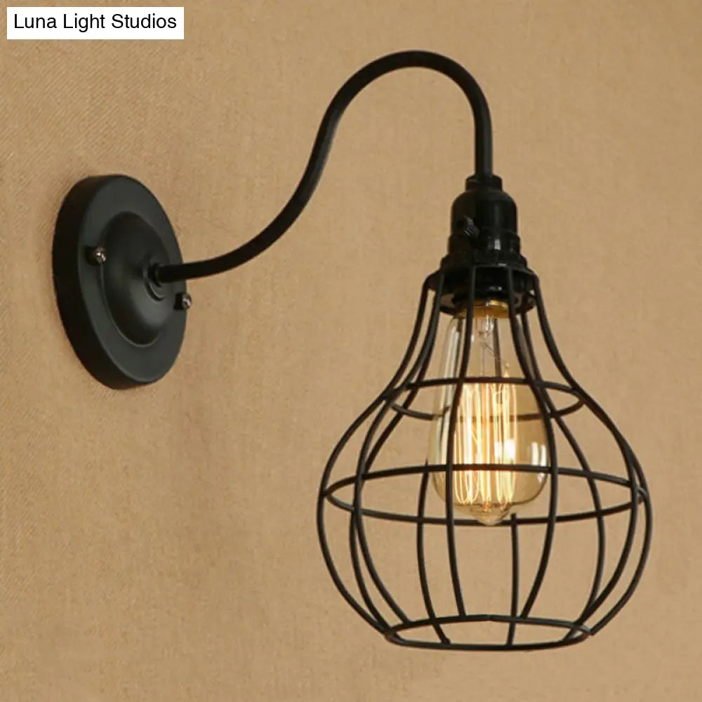 Industrial Cage Wall Sconce - 1 Bulb Metallic Lighting With Gooseneck Arm In Black