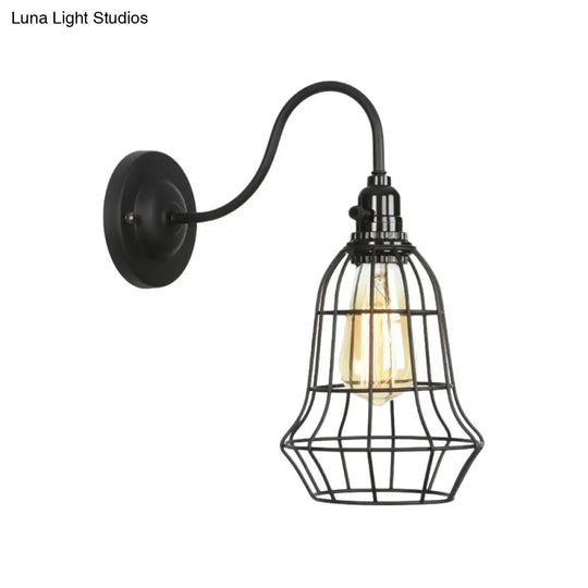 Industrial Cage Wall Sconce - 1 Bulb Metallic Lighting With Gooseneck Arm In Black