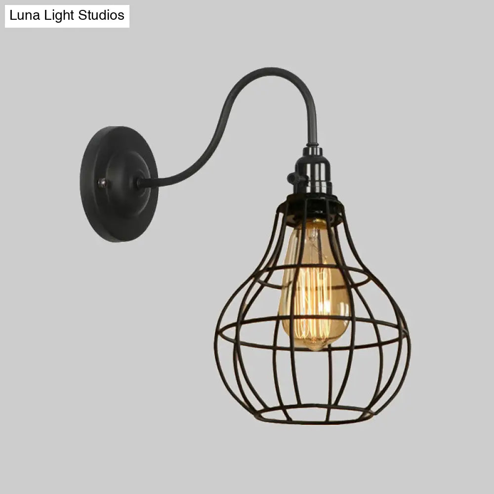 Industrial Cage Wall Sconce - 1 Bulb Metallic Lighting With Gooseneck Arm In Black