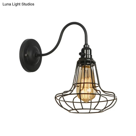 Industrial Cage Wall Sconce - 1 Bulb Metallic Lighting With Gooseneck Arm In Black