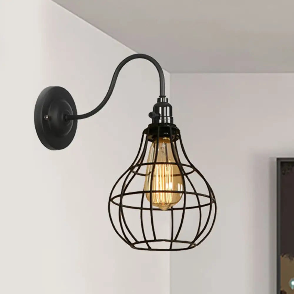 Industrial Cage Wall Sconce - 1 Bulb Metallic Lighting With Gooseneck Arm In Black / Teardrop