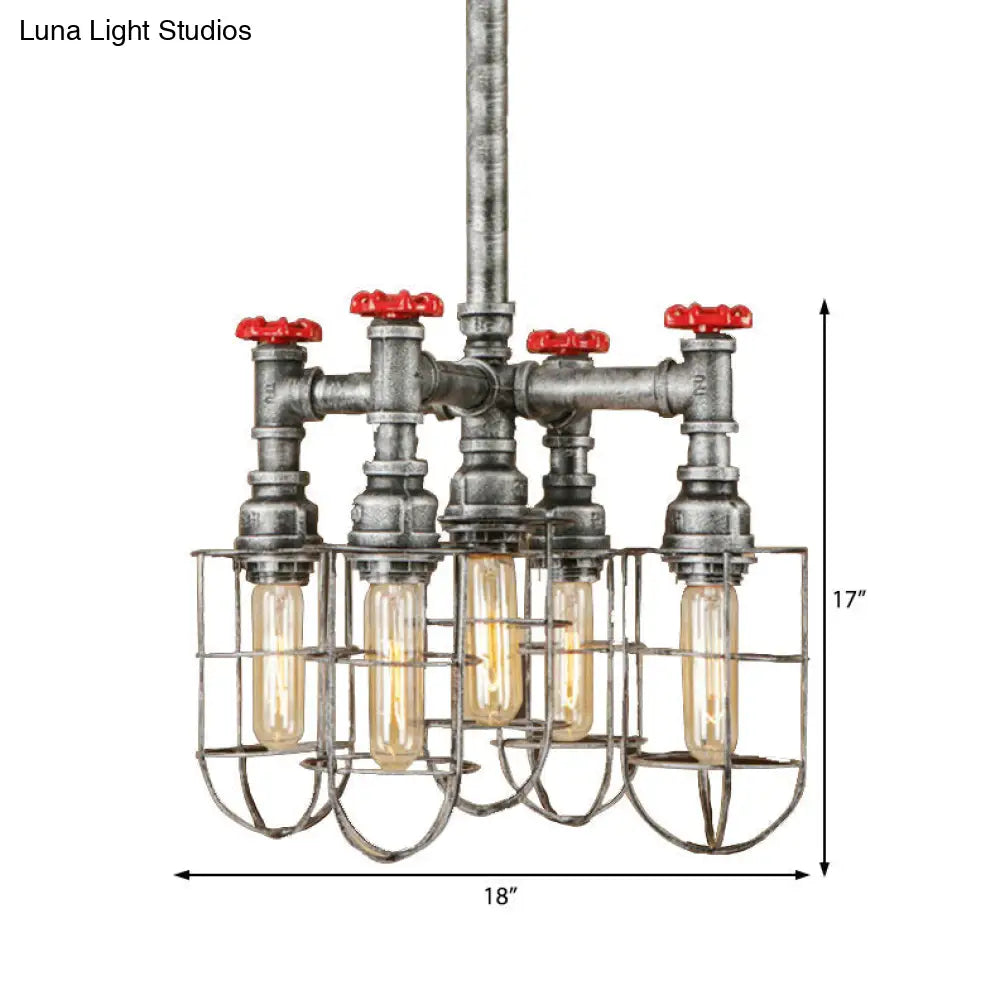 Industrial Caged Amber Glass Ceiling Chandelier - 5-Light Silver Pendant With Valve