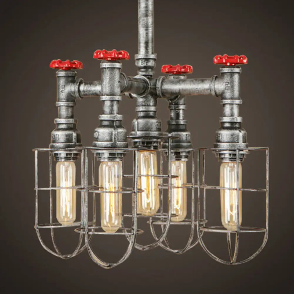 Industrial Caged Amber Glass Hanging Chandelier With Silver Valve - 5-Lights Ceiling Light Fixture