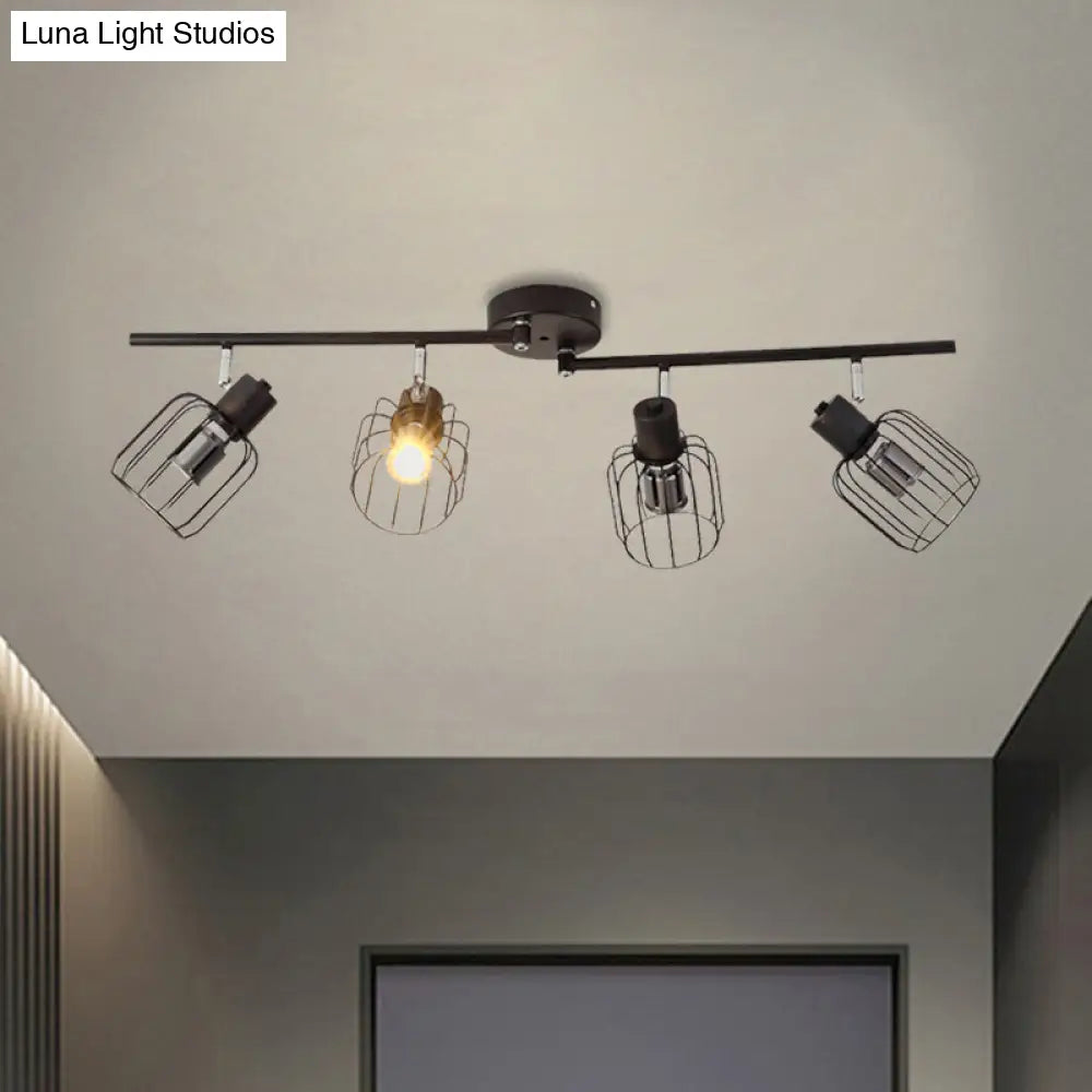 Industrial Ceiling Light With Mini Drum Cage Shade For Coffee Shop - 4 Lights Semi - Flush Iron