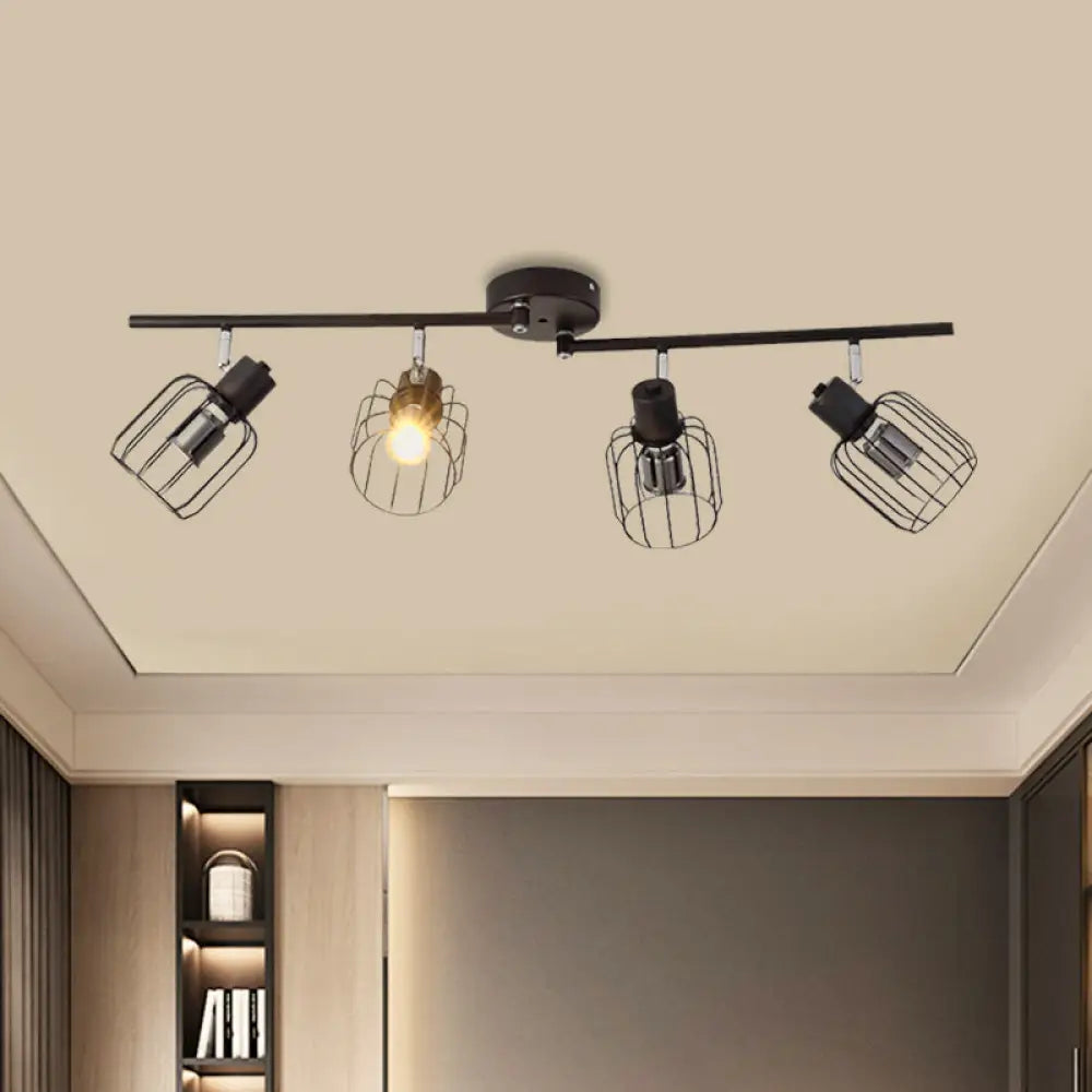 Industrial Ceiling Light With Mini Drum Cage Shade For Coffee Shop - 4 Lights Semi - Flush Iron