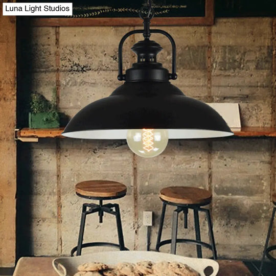 Industrial Metal Pendant Light With Handle - Ceiling Mount For Dining Room Black Outer & White Inner
