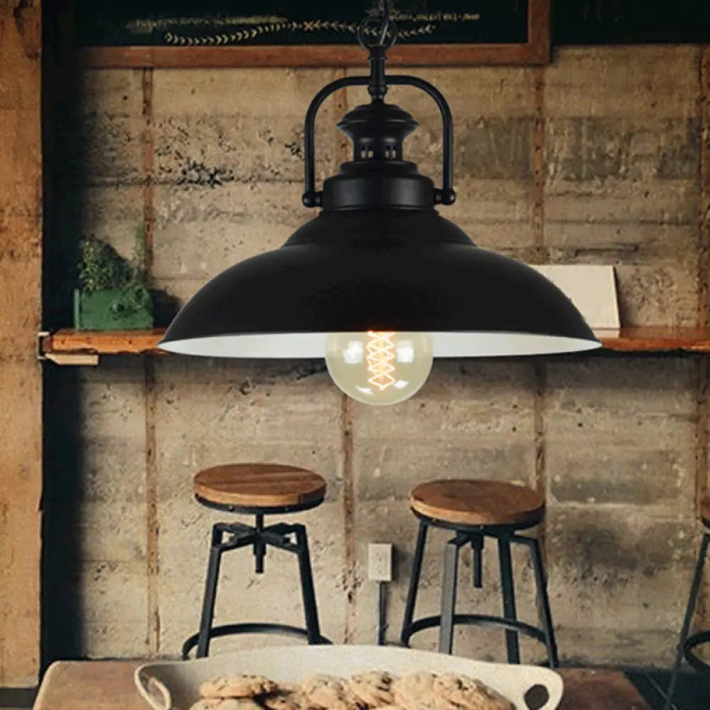 Industrial Ceiling Pendant Light For Dining Room - Single Metal Hanging With Handle Black Outer &
