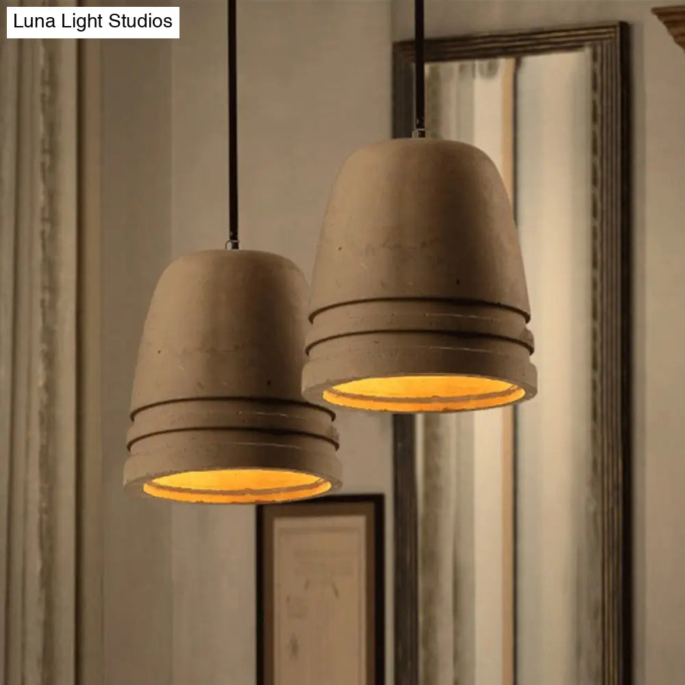 Industrial Cement Bell Shape Hanging Ceiling Light Brown 1-Light Fixture For Bedroom