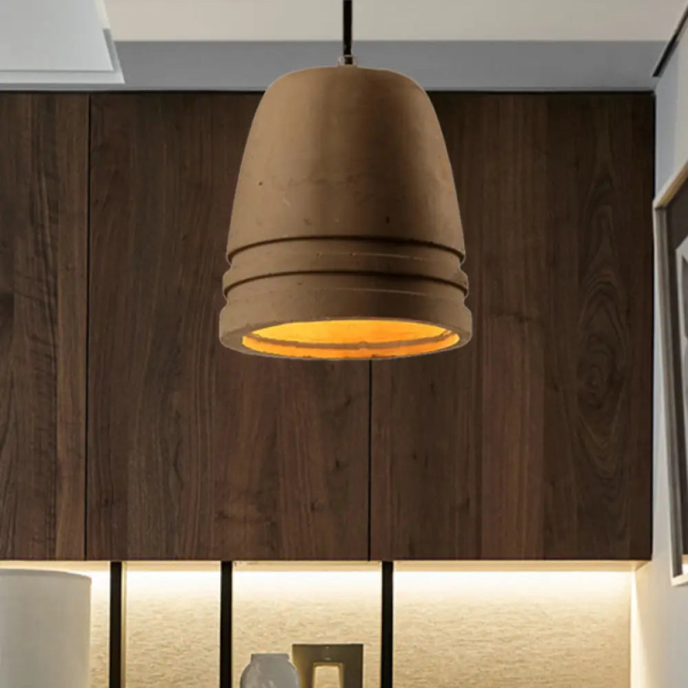 Industrial Cement Bell Shape Hanging Ceiling Light Brown 1-Light Fixture For Bedroom