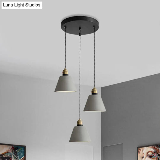 Industrial Cement Cone/Bell/Drum Pendant Lamp - Grey 3 Heads Multi Ceiling Light Fixture 3/5/6 H / 6