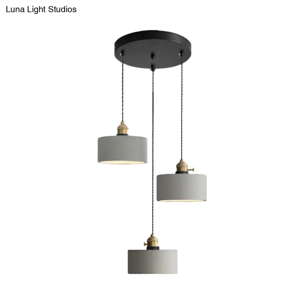 Industrial Cement Cone/Bell/Drum Pendant Lamp - 3 Heads Multi Ceiling Light Grey Various Height