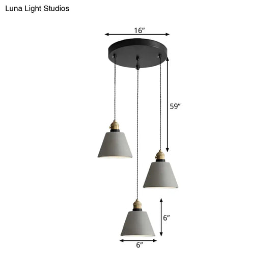 Industrial Cement Cone/Bell/Drum Pendant Lamp - 3 Heads Multi Ceiling Light Grey Various Height