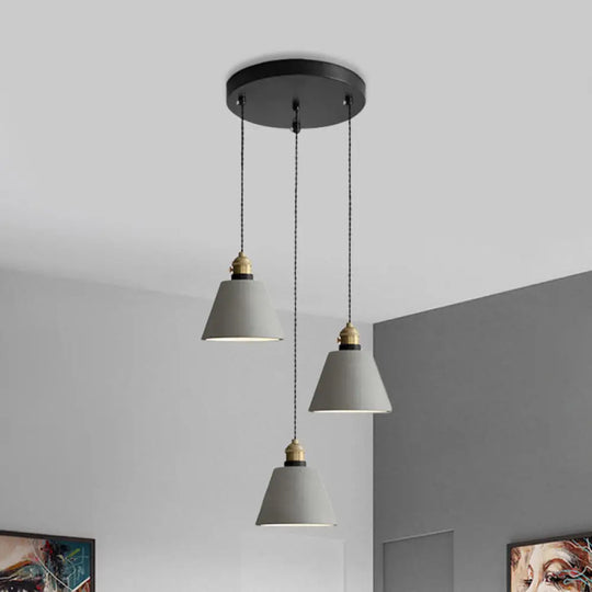 Industrial Cement Cone/Bell/Drum Pendant Lamp - 3 Heads Multi Ceiling Light Grey Various Height