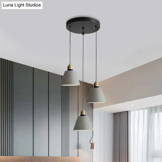 Industrial Cement Cone/Bell/Drum Pendant Lamp - 3 Heads Multi Ceiling Light Grey Various Height