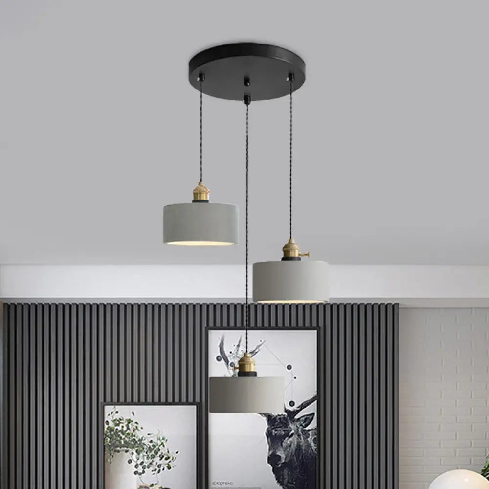 Industrial Cement Cone/Bell/Drum Pendant Lamp - 3 Heads Multi Ceiling Light Grey Various Height