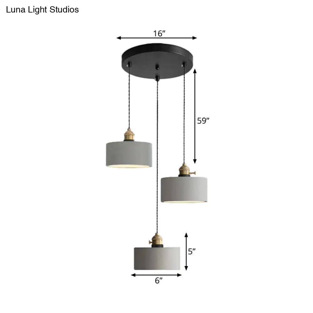 Industrial Cement Cone/Bell/Drum Pendant Lamp - Grey 3 Heads Multi Ceiling Light Fixture 3/5/6 H