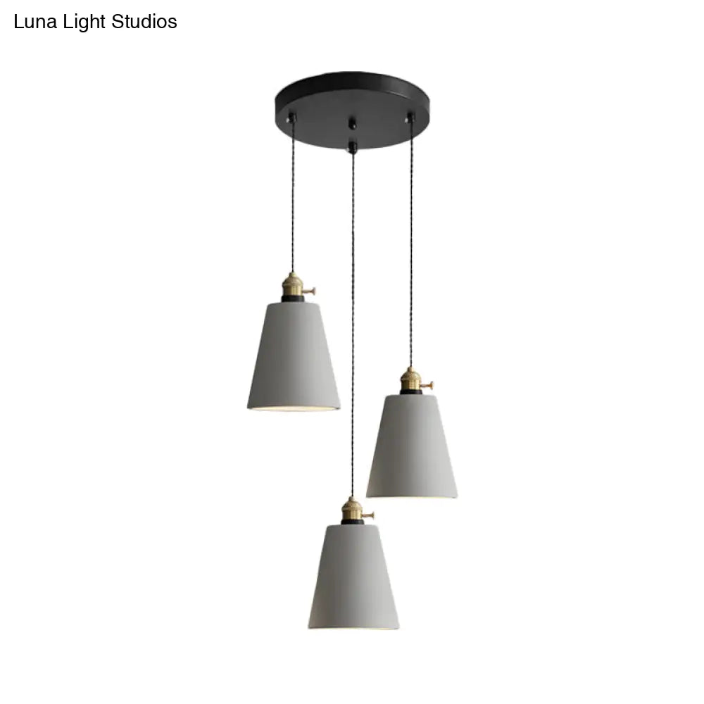 Industrial Cement Cone/Bell/Drum Pendant Lamp - 3 Heads Multi Ceiling Light Grey Various Height