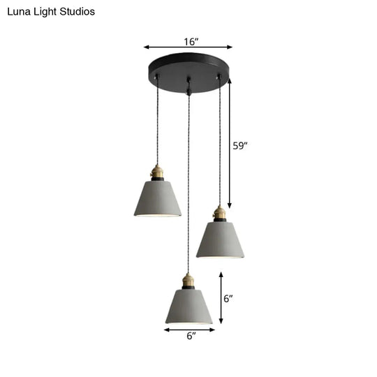 Industrial Cement Cone/Bell/Drum Pendant Lamp - Grey 3 Heads Multi Ceiling Light Fixture 3/5/6 H