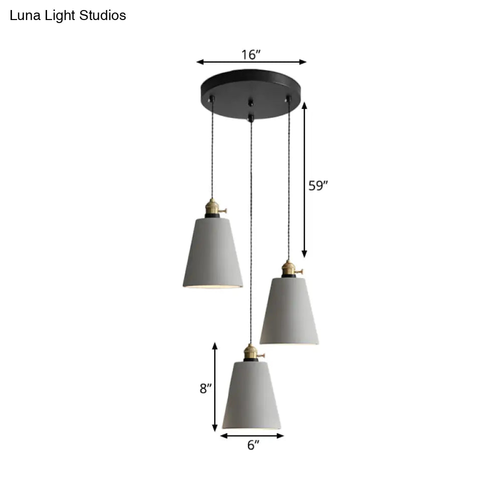 Industrial Cement Cone/Bell/Drum Pendant Lamp - 3 Heads Multi Ceiling Light Grey Various Height