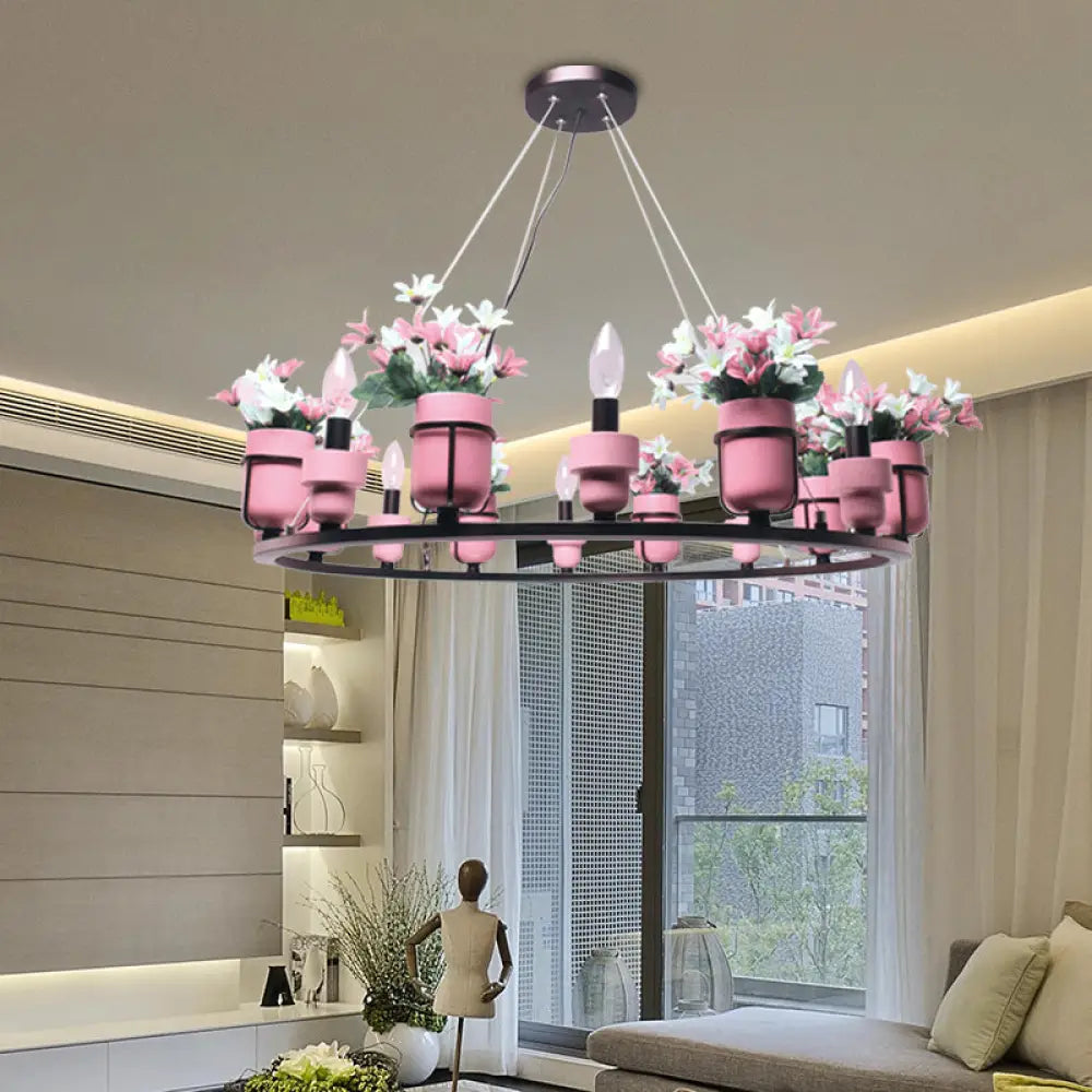 Industrial Ceramic Hanging Chandelier With Potted Plant Design - 6/8 Lights Pink/Blue Circular