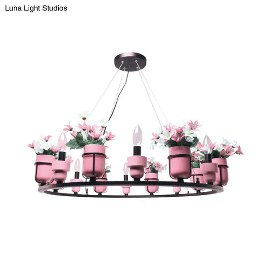 Industrial Ceramic Hanging Chandelier With Potted Plant Design - 6/8 Lights Pink/Blue Circular