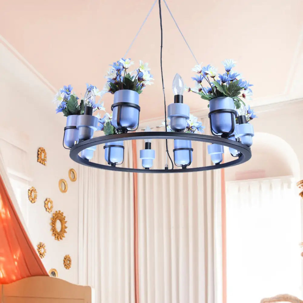 Industrial Ceramic Hanging Chandelier With Potted Plant Design - 6/8 Lights Pink/Blue Circular