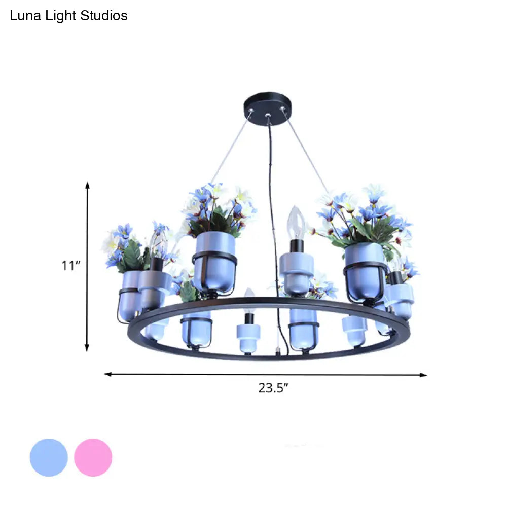 Industrial Ceramic Hanging Chandelier With Potted Plant Design - 6/8 Lights Pink/Blue Circular