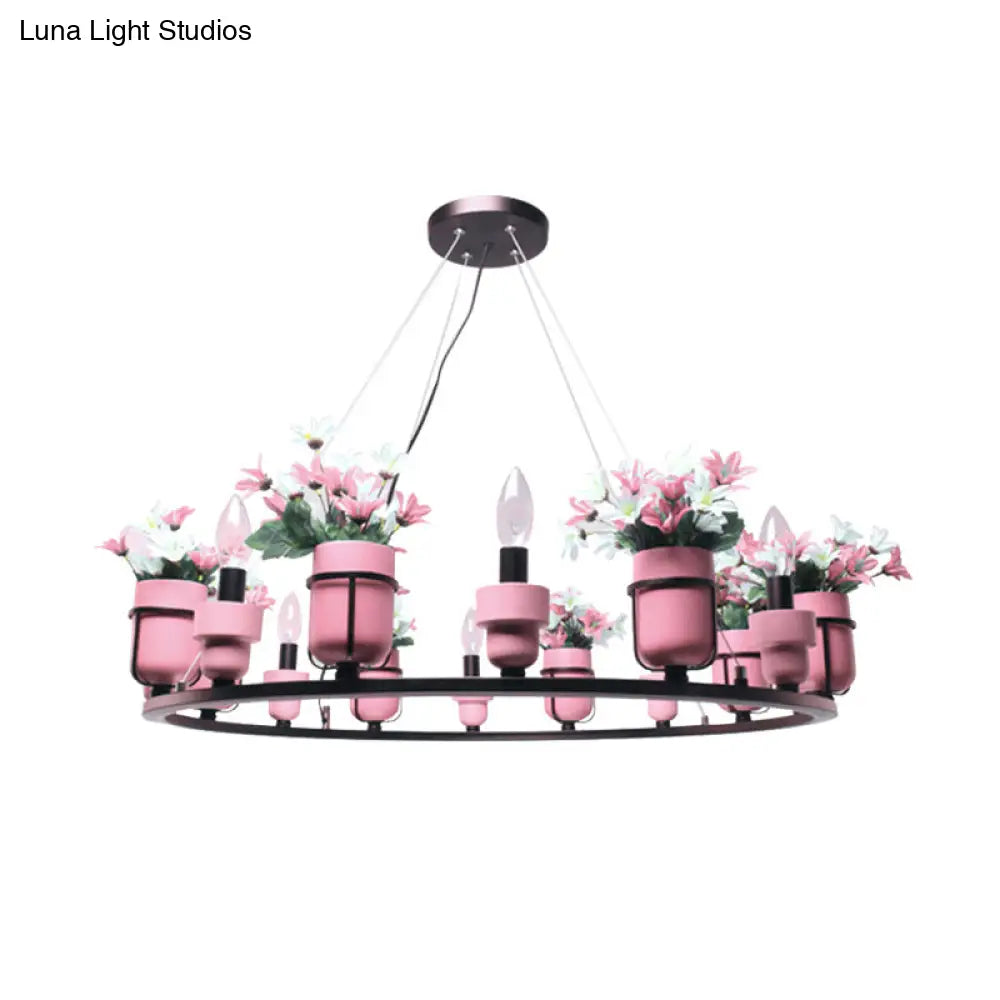 Ceramic Hanging Chandelier With Potted Plant Design And Multiple Light Options In Pink/Blue