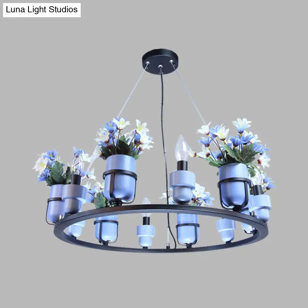 Ceramic Hanging Chandelier With Potted Plant Design And Multiple Light Options In Pink/Blue