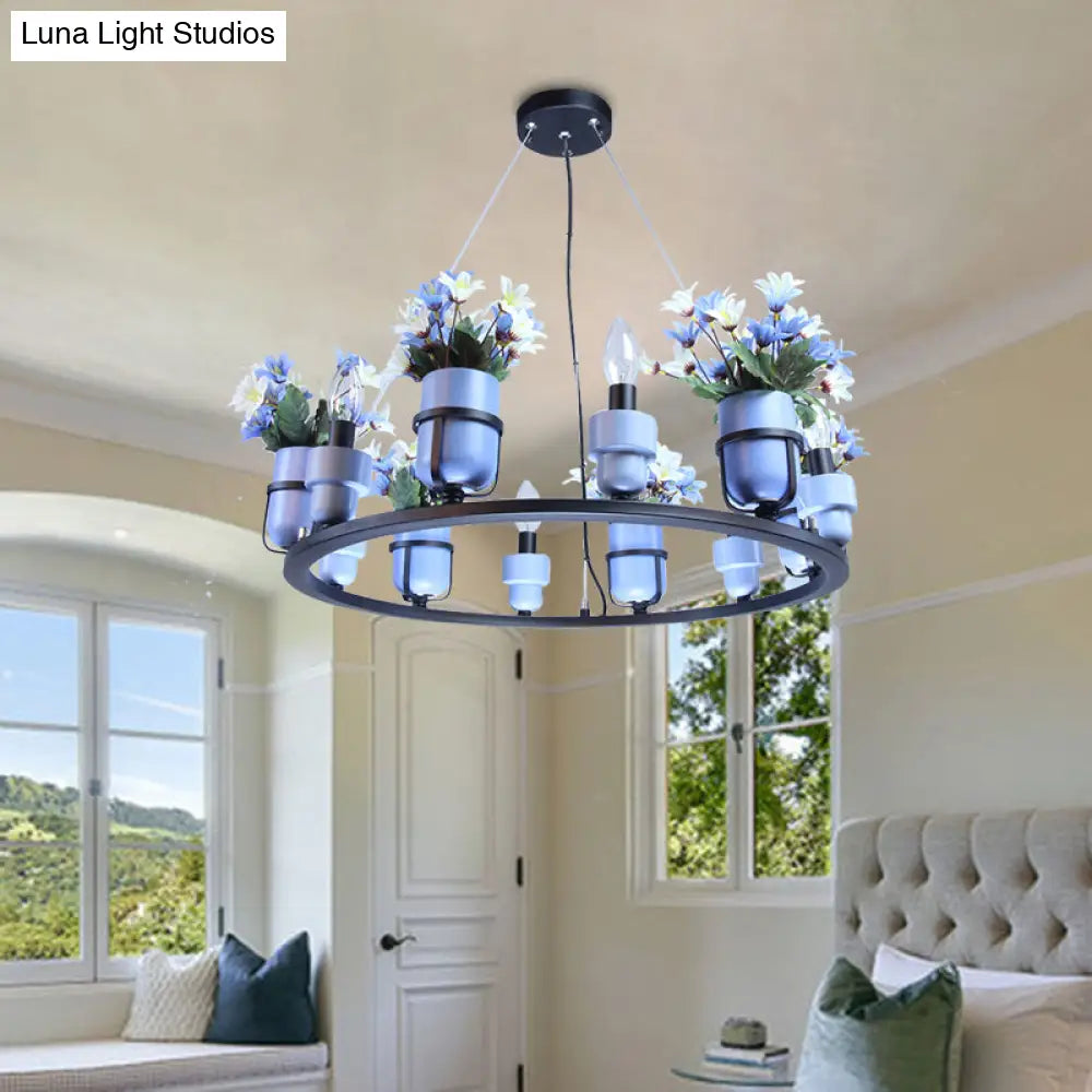 Industrial Ceramic Hanging Chandelier With Potted Plant Design - 6/8 Lights Pink/Blue Circular