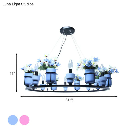 Ceramic Hanging Chandelier With Potted Plant Design And Multiple Light Options In Pink/Blue