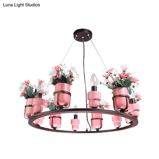 Ceramic Hanging Chandelier With Potted Plant Design And Multiple Light Options In Pink/Blue