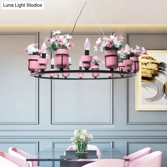 Ceramic Hanging Chandelier With Potted Plant Design And Multiple Light Options In Pink/Blue