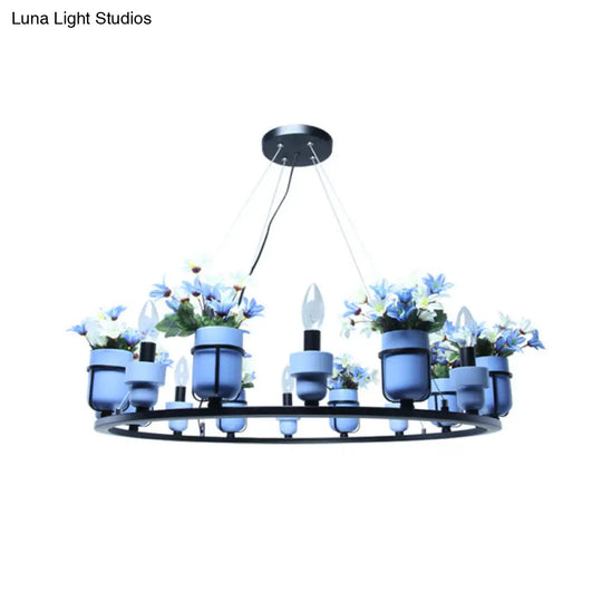 Ceramic Hanging Chandelier With Potted Plant Design And Multiple Light Options In Pink/Blue