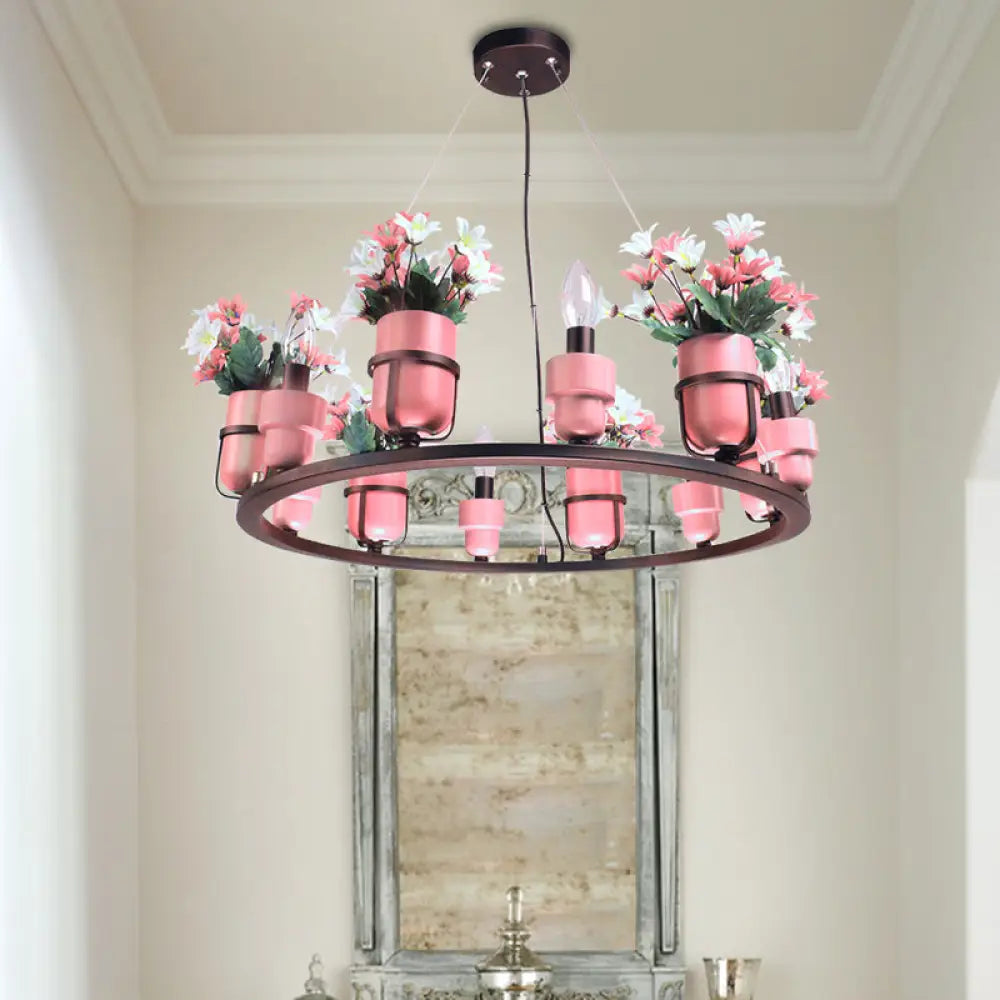 Industrial Ceramic Hanging Chandelier With Potted Plant Design - 6/8 Lights Pink/Blue Circular