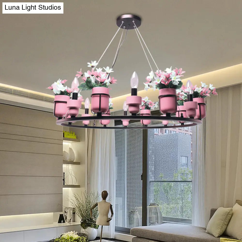 Ceramic Hanging Chandelier With Potted Plant Design And Multiple Light Options In Pink/Blue 8 / Pink