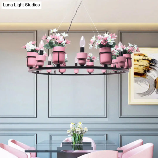 Industrial Ceramic Hanging Chandelier With Potted Plant Design - 6/8 Lights Pink/Blue Circular