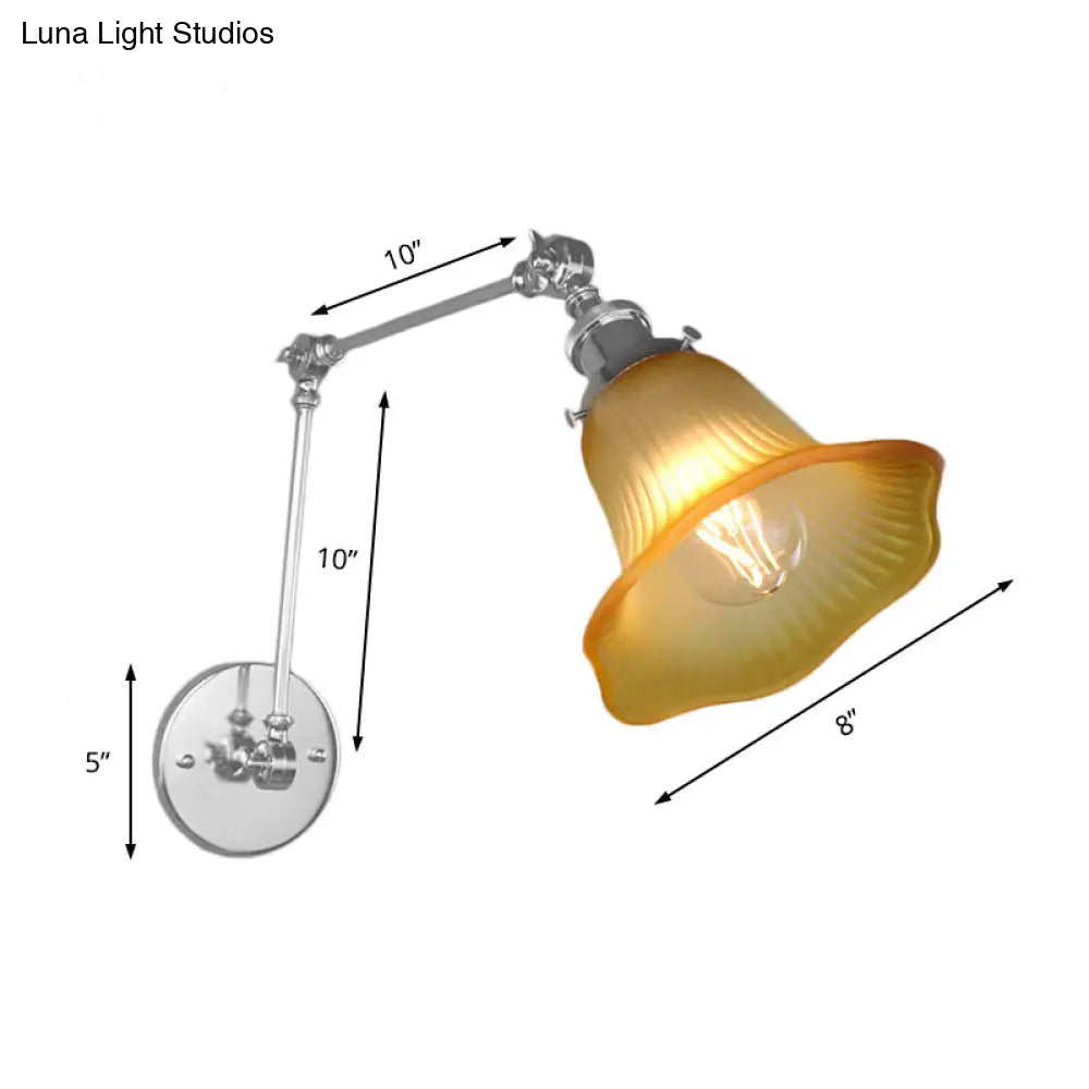 Industrial Chrome Amber Textured Glass Wall Lamp For Bedroom - 1 Light Flared Sconce Fixture

Note: