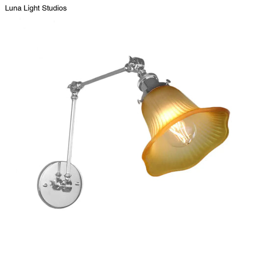 Industrial Chrome Amber Textured Glass Wall Lamp For Bedroom - 1 Light Flared Sconce Fixture

Note: