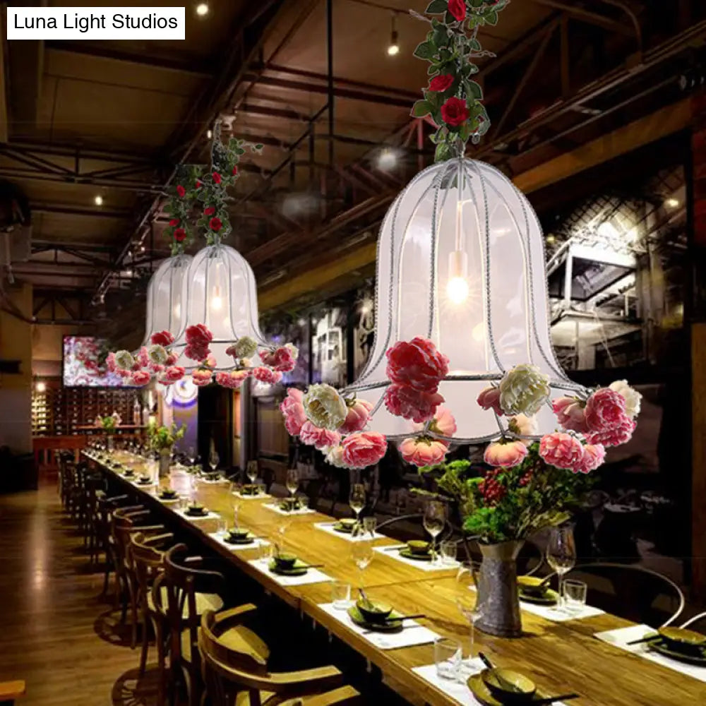 Industrial Chrome Bell Pendant Light With Rose Decor - 1 Bulb Led Hanging Lamp Kit For Restaurants