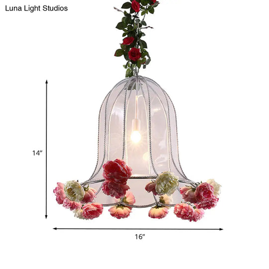 Industrial Chrome Bell Pendant Light With Rose Decor - 1 Bulb Led Hanging Lamp Kit For Restaurants