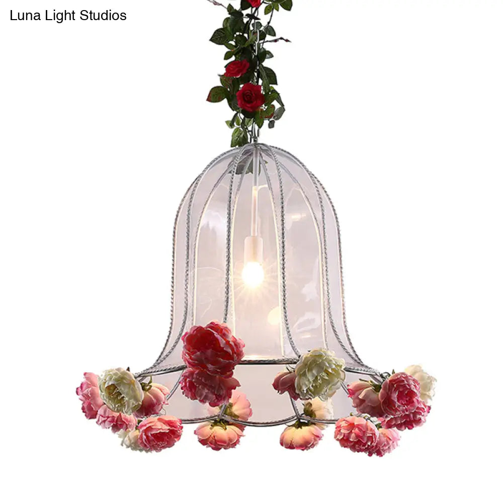 Industrial Chrome Bell Pendant Light With Rose Decor - 1 Bulb Led Hanging Lamp Kit For Restaurants