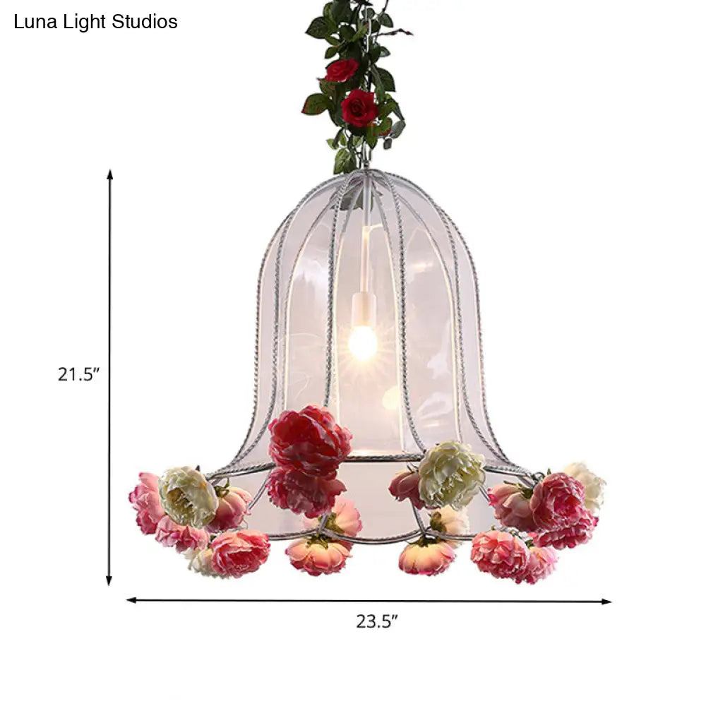 Industrial Chrome Bell Pendant Light With Rose Decor - 1 Bulb Led Hanging Lamp Kit For Restaurants