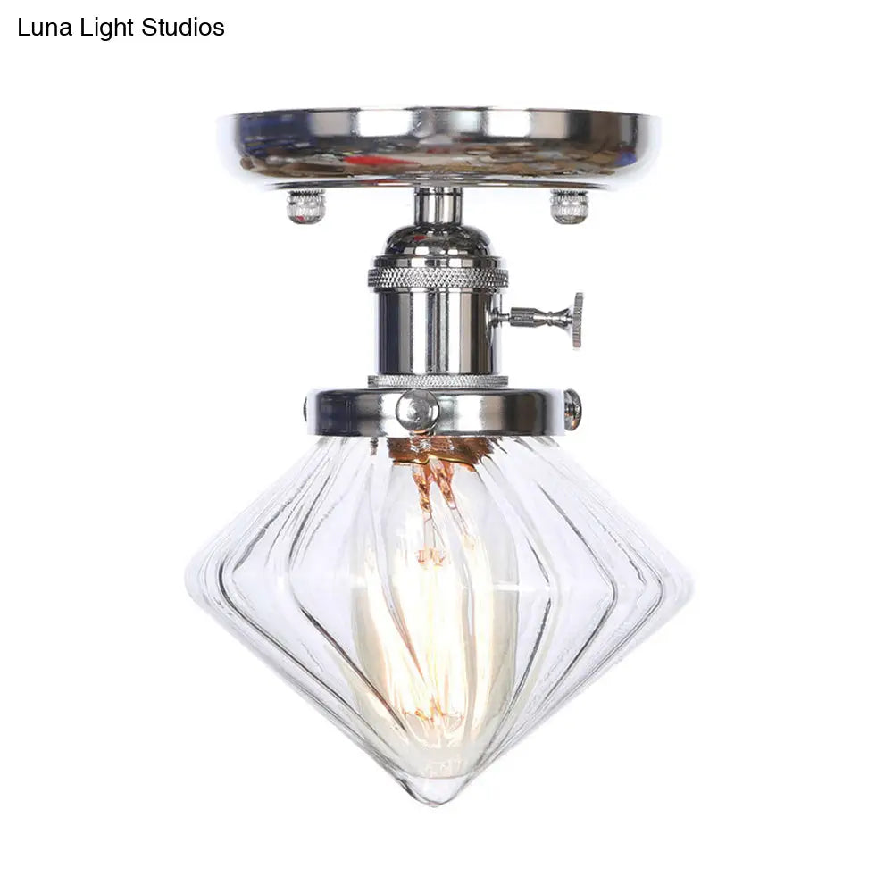 Industrial Chrome Ceiling Light - Semi Flush Mount With Clear/Amber Glass Bulb