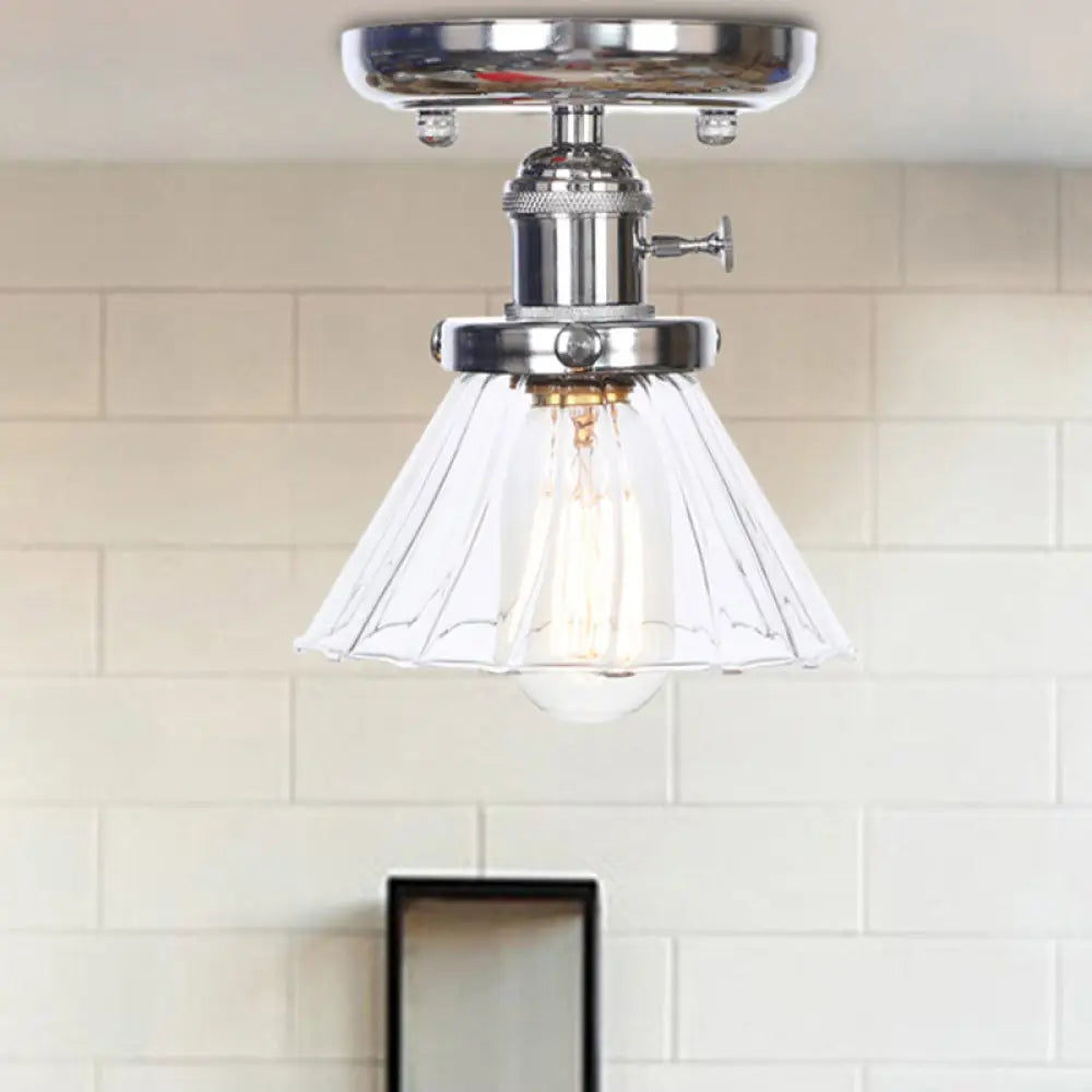 Industrial Chrome Ceiling Light - Semi Flush Mount With Clear/Amber Glass Bulb Clear / Bell