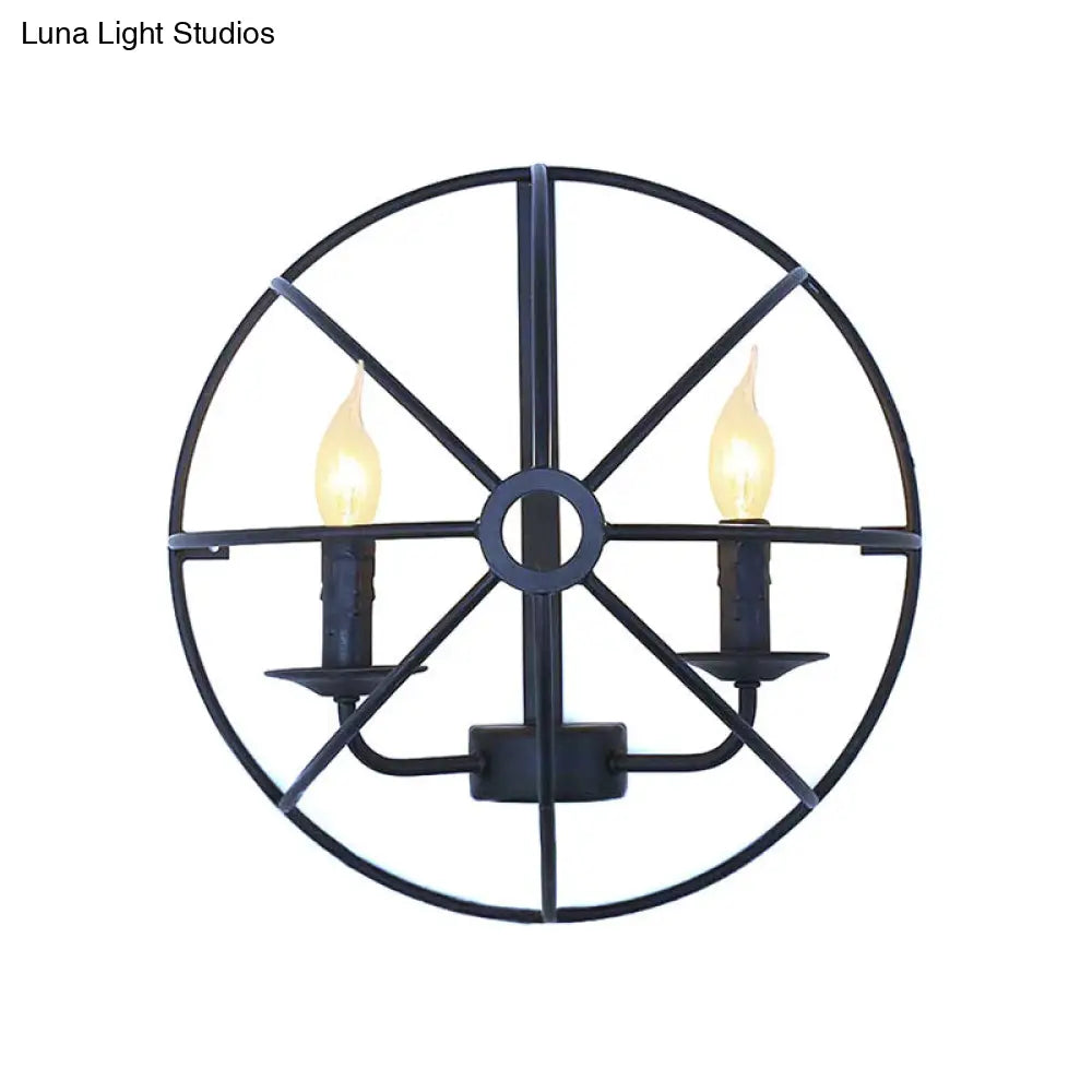 Industrial Circle Caged Wall Sconce Light With Candle Design - 2/3 Lights For Dining Room Black Iron