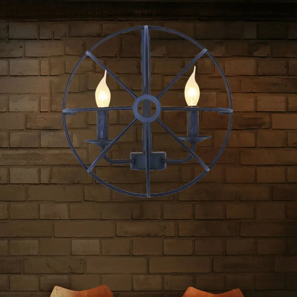 Industrial Circle Caged Wall Sconce Light With Candle Design - 2/3 Lights For Dining Room Black Iron